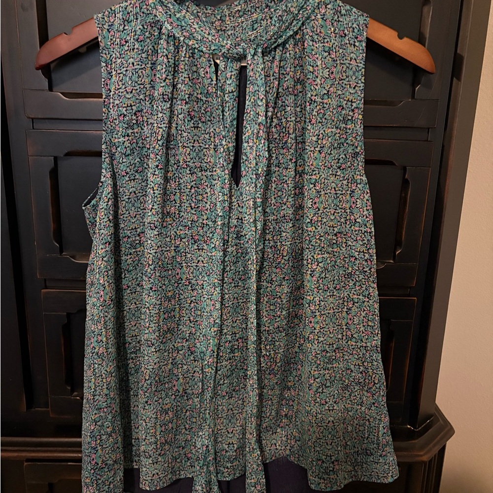 Rebecca Taylor Teal, Pink and White Tie Front Sleeveless Blouse